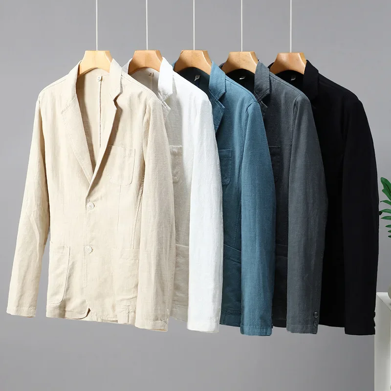 Spring and Summer Jackets for Men Breathable Commute Casual Men Blazer Solid Loose Cotton Linen Jackets Korean Fashion Male Suit