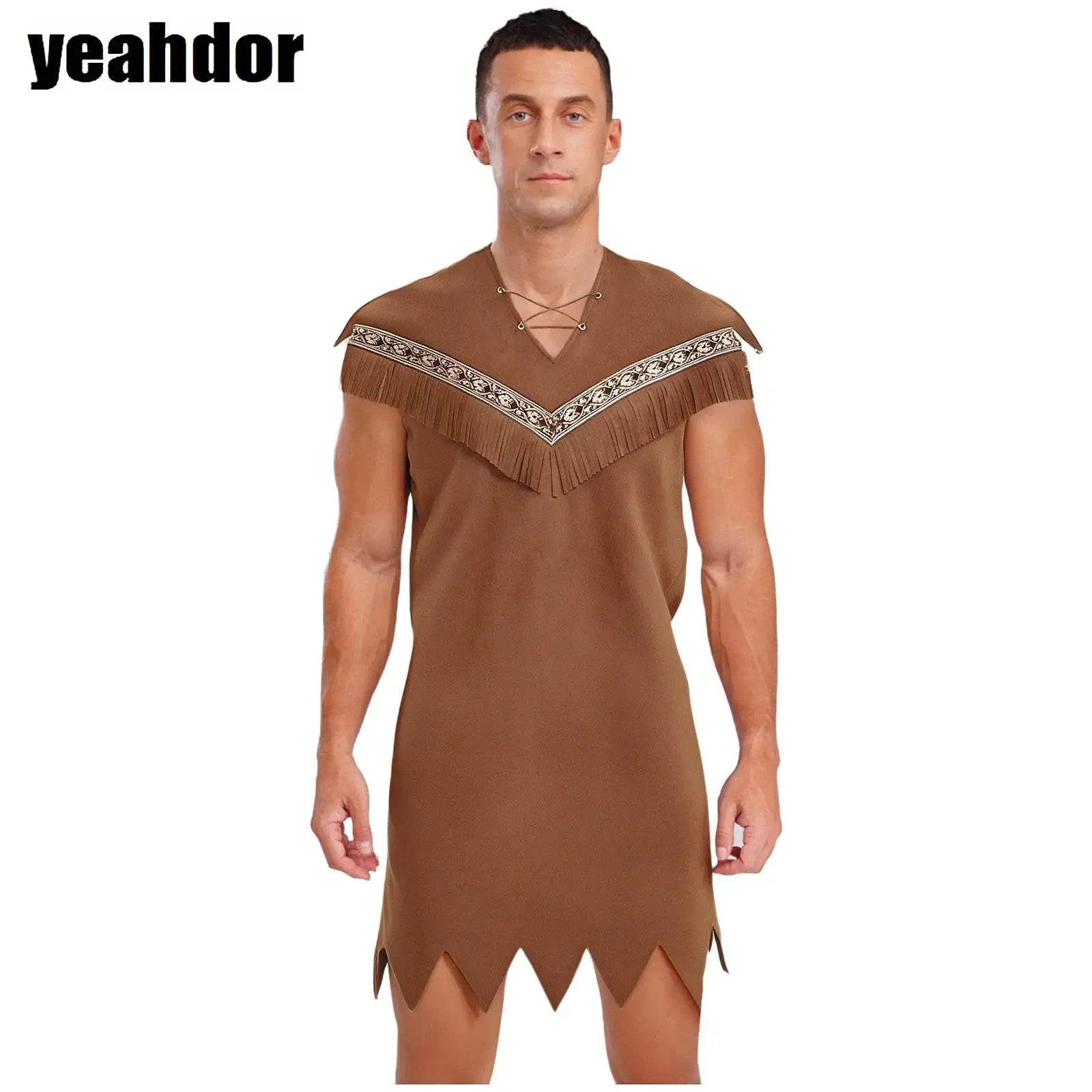 

Men Indians cosplay costume Tribe Caveman Dress Lace-up V Neck Sleeveless Tassel Vintage Jagged Trim Faux Suede Robe Halloween