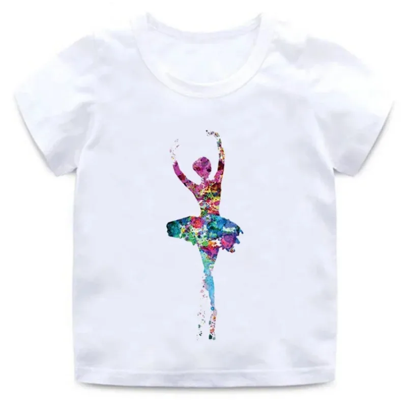 Girls Elegant Ballet Dance Posture Print Children's  T-shirt Ballet Summer Round Neck T-shirt Tops