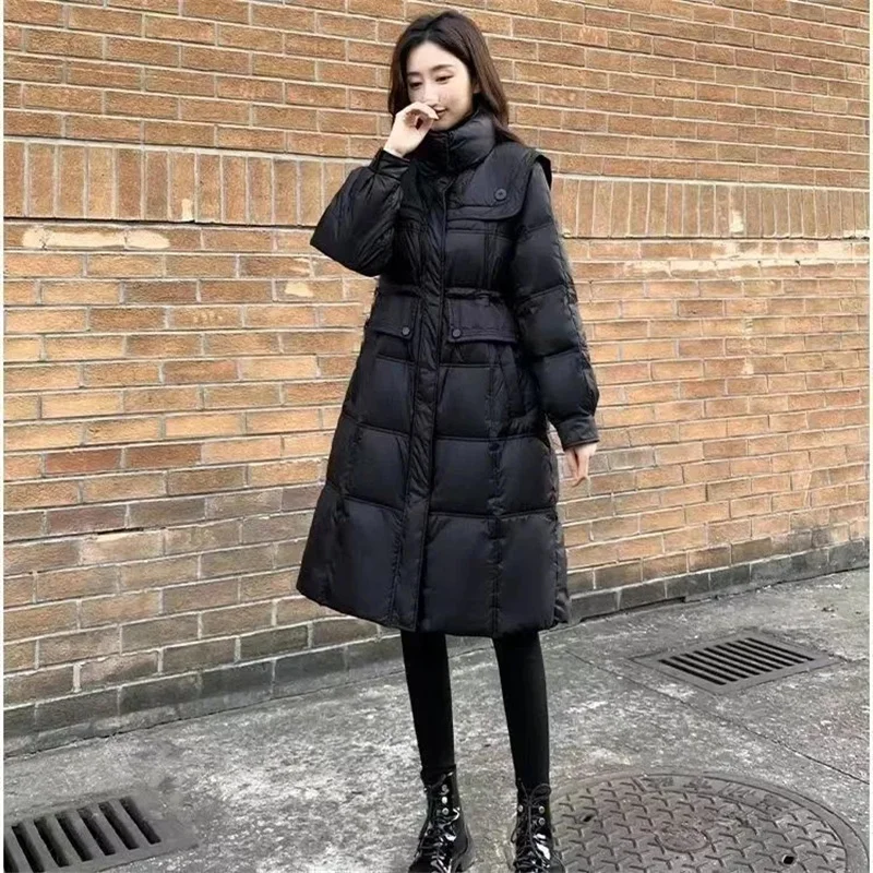 

Overcoat Parka New Korean Down Cotton-Padded Jacket Women's Long Section Receive Waist Navy Collar Joker Thick Warm Coat Woman