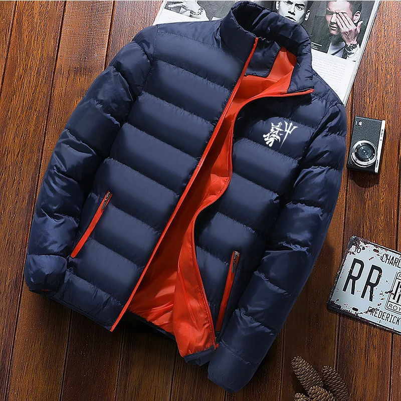 

Winter Warm Stand up Collar Cotton Coat Printed Fashion Casual Thickened Men's Clothing Solid Color Zipper for External Wear