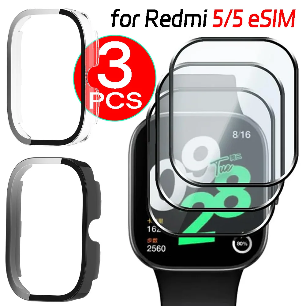 

For Xiaomi Redmi Watch 5/5 ESIM 9H Tempered Glass+Case Screen Protector All Around PC Bumper for Redmi 5/5 ESIM Cover 1-3Pcs