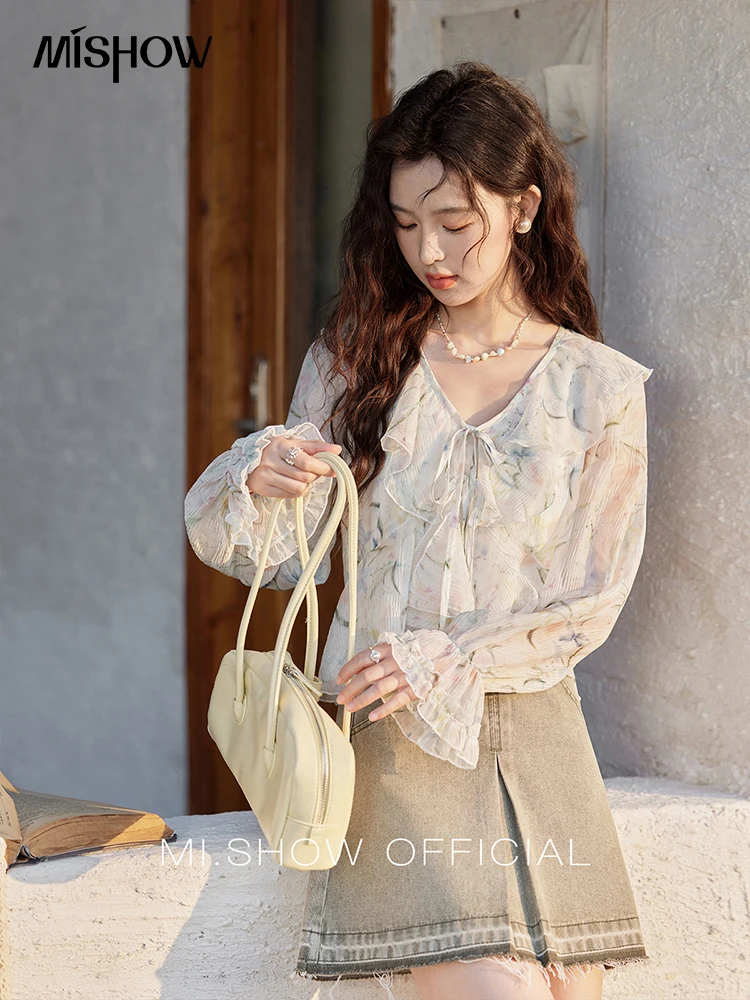 MISHOW Floral Ruffled Edges Blouse with Camisole Set Spring 2025 Loose V-neck Lace-up Chiffon Top Petal Sleeve Blouse MXE13X1718