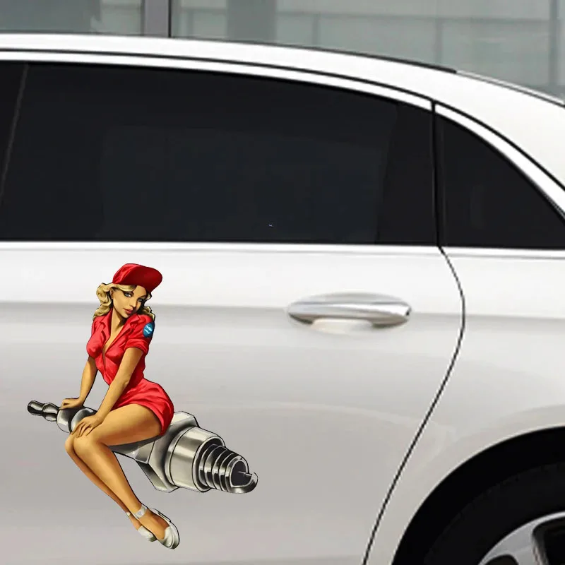 

Car Vinyl Decal Spark Plug Girl Sticker Waterproof Removable for Car Motorcycle Laptop Auto Body Decoration