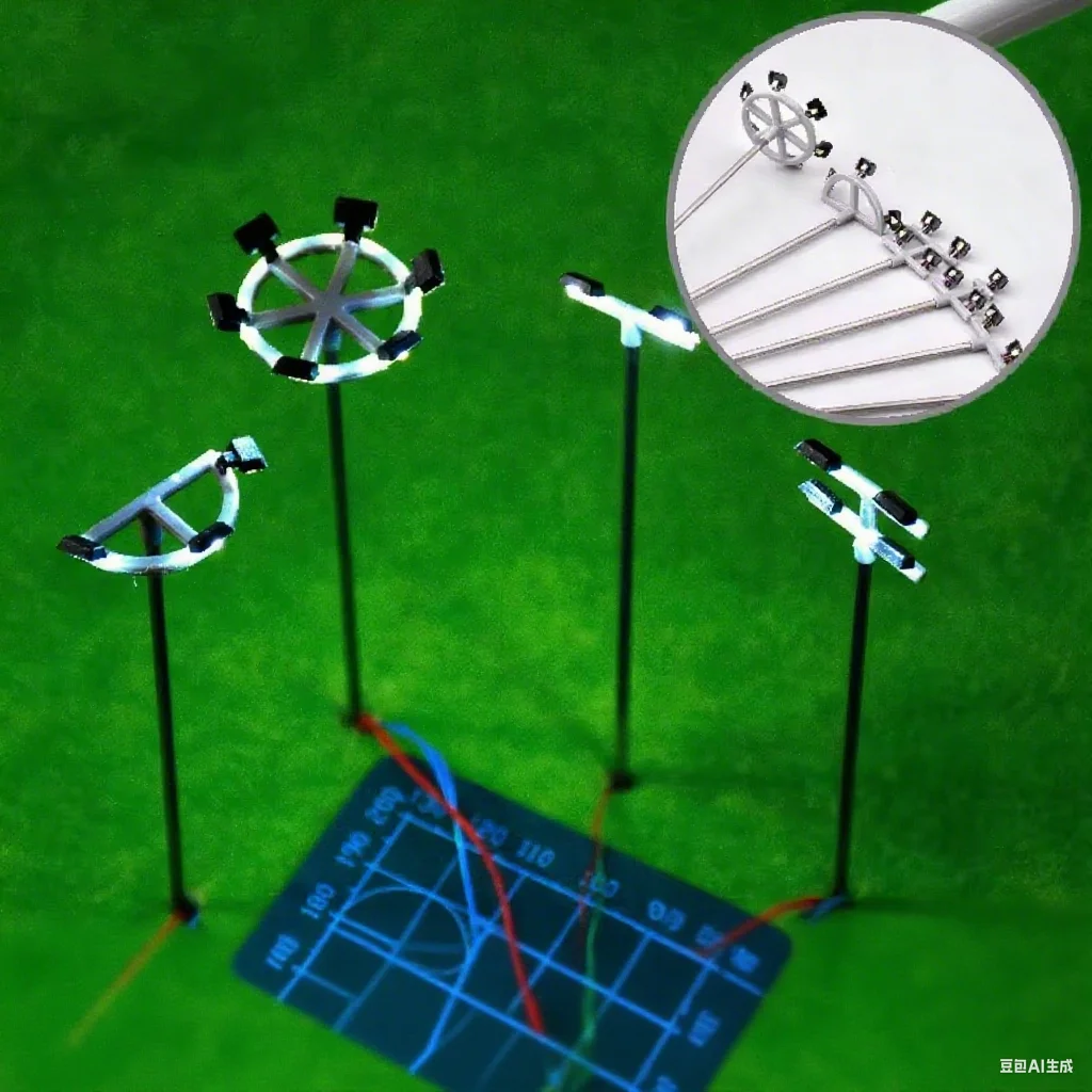 Miniaturowa lampa uliczna z oświetleniem w skali 1:87, LED, światła stadionowe HO, akcesoria do modeli kolejowych, dioramy budynkowej, ogrodu.
