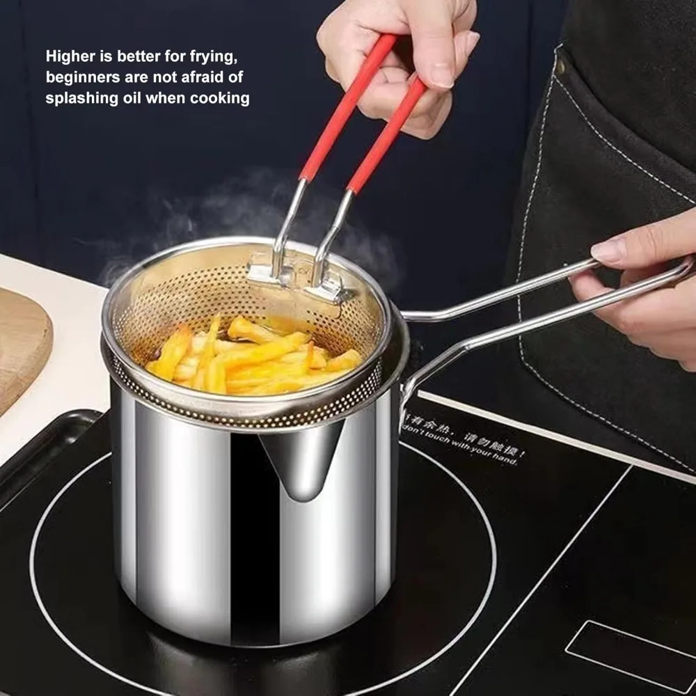 Small Deep Fryer Pot with Basket, Mini Deep Oil Fryer, 304 Stainless Steel Gadgets with Anti Scalding Silicone Handle view 3