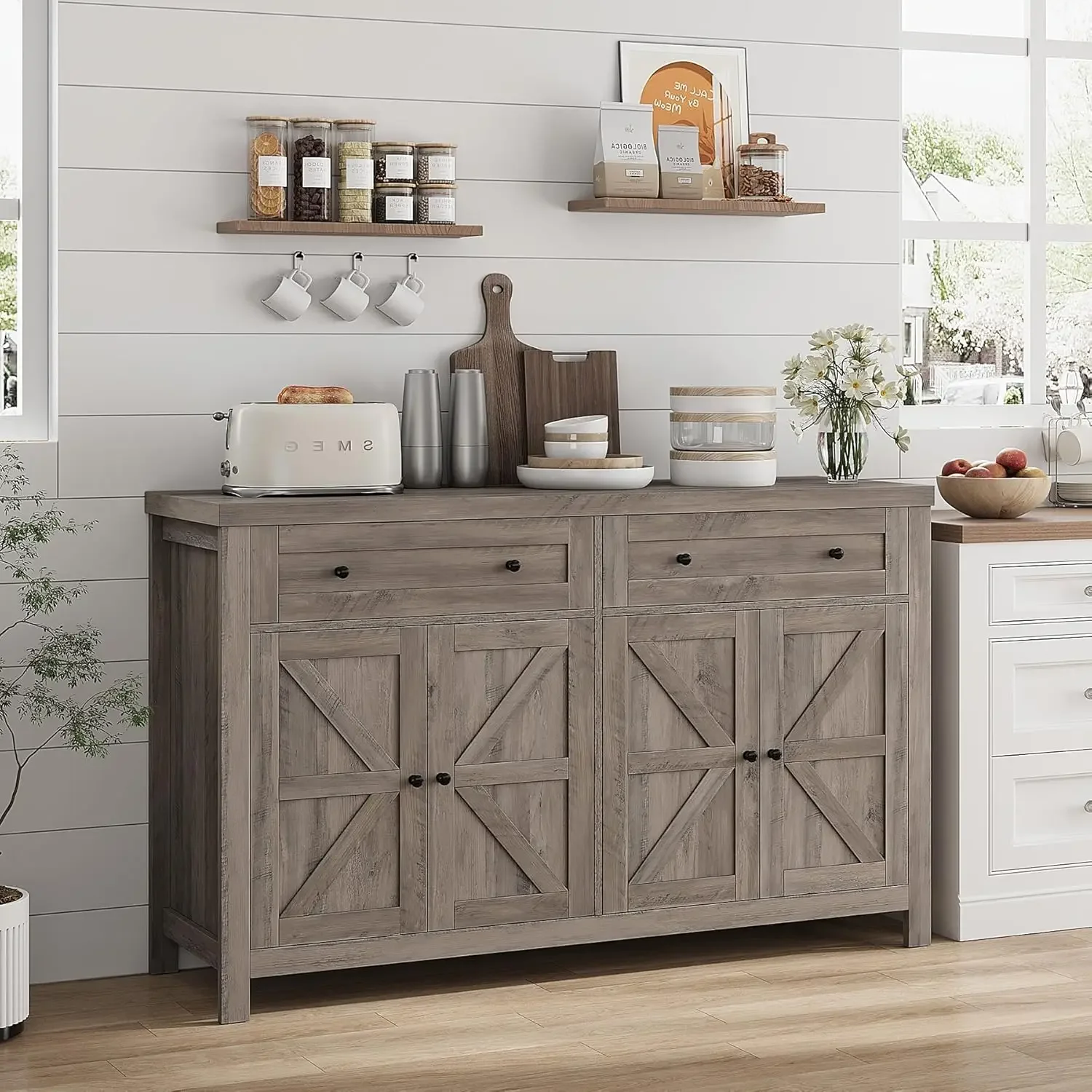 HOSTACK 55" Buffet Sideboard Cabinet with Storage, Modern Farmhouse Coffee Bar Cabinet with Drawers and Shelves, Barn Door