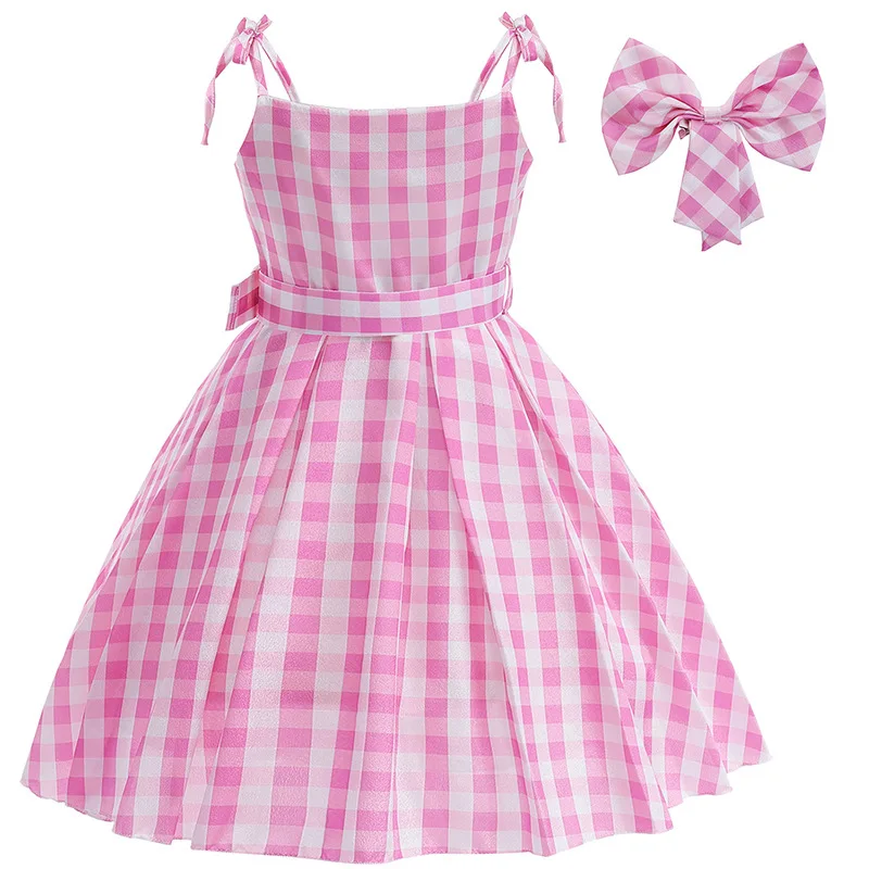 Girls Pink Princess Dress Movie Cosplay Costume With Belt Plaid Skirt+Sunglasses 5PCS Halloween Birthday Outfit Dress Up 2-10T