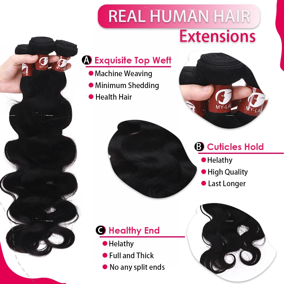 MY-LADY 8-30inches Brazilian Body Wave Human Hair Double Weave Bundles 1/3PCS Natural Black Remy Real Hair Extensions for Women