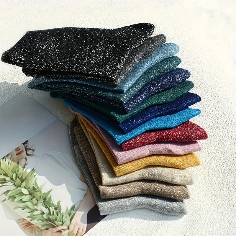 5 Pairs Of Shiny Silver Solid Color And Candy Colored Gold And Silver Thread Personalized Versatile Women's Mid Tube Socks