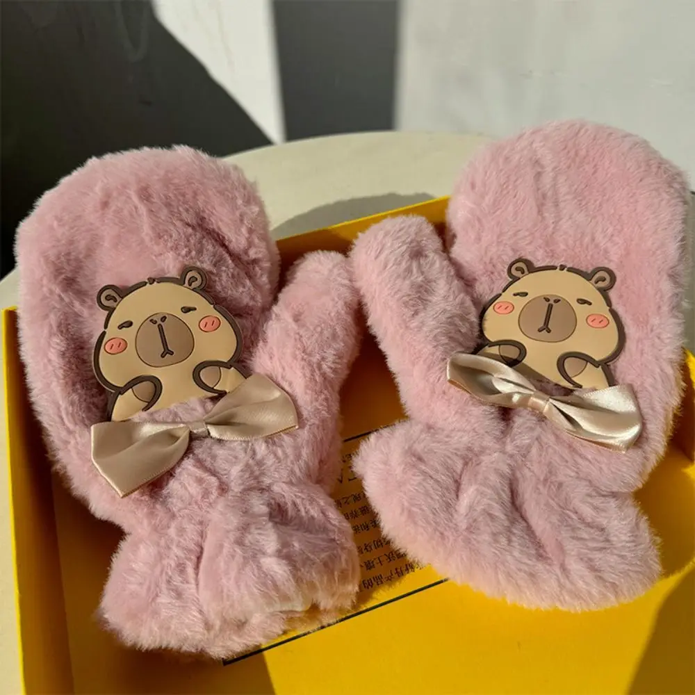 Mitaines en fourrure de capybara 3D Kawaii pour femmes, dessin animé mignon, chaud, élastique, peluche, gants de cyclisme