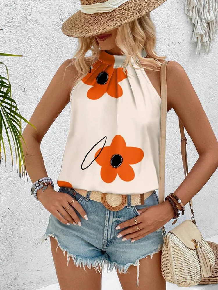 Novo verão feminino sem costas camisa impressa, camisas sem mangas, roupas femininas, camisas de férias, tops de verão, tops casuais