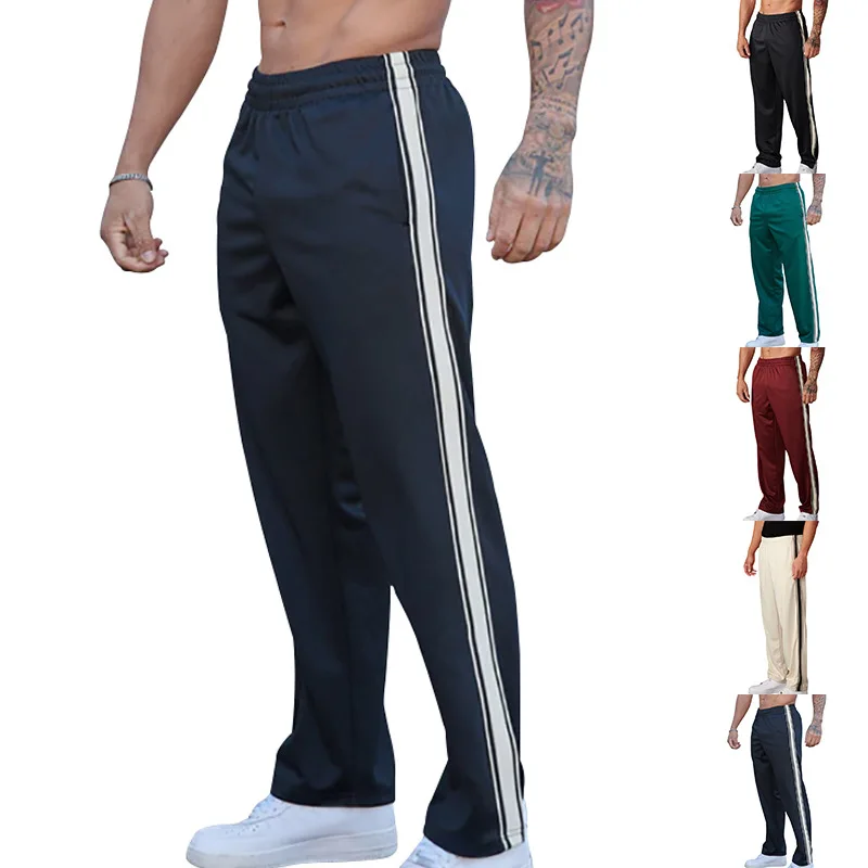 

2025 Spring Summer Men's Fashion Straight Pants Drawstring Elastic Waist Sports Sweatpants Side Stripe Design Loose Casual Pants