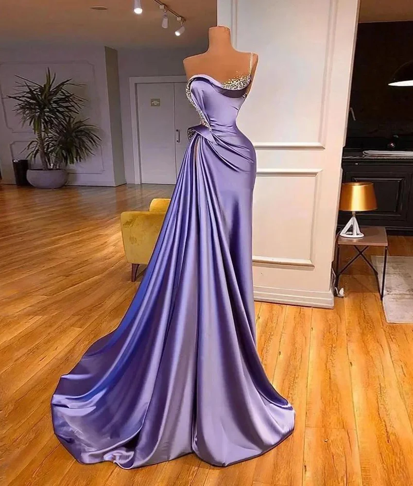 

Customized Luxury Crystal A-Line Satin One Shoulder Evening Dress Delicate Sleeveless Sweetheart Floor Length prom dresses