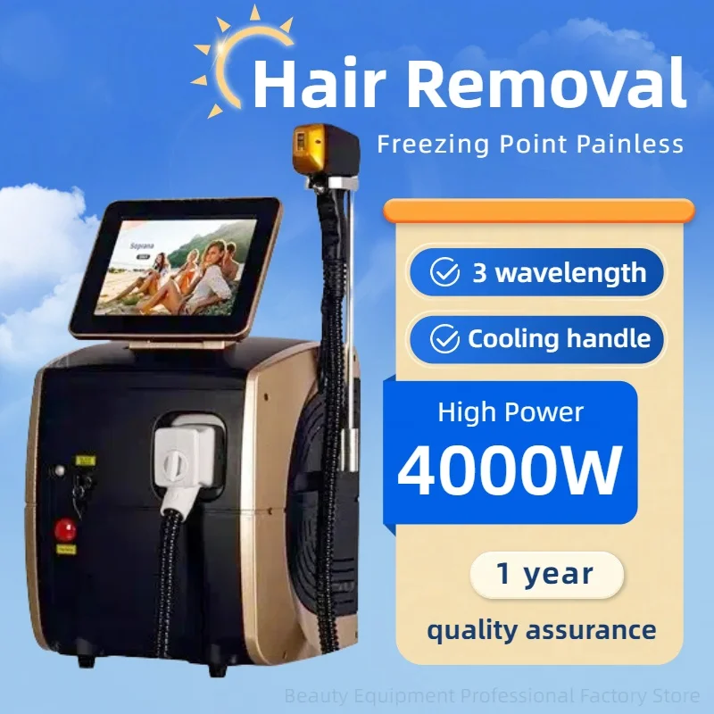 

New High-power 4000W 808nm Diode Laser Hair Removal Machine With 3 Wavelengths and Cooling Handpiece for Painless Hair Removal