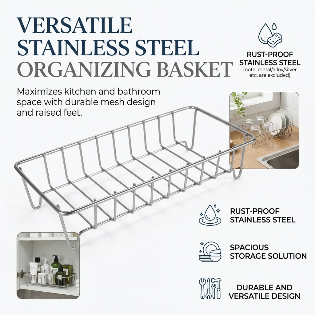 304 Edelstahl Rostfreies Badezimmer- und Küchenregal Abfluss-Aufbewahrungskorb für Haus, Bad und Küche – Detail 5