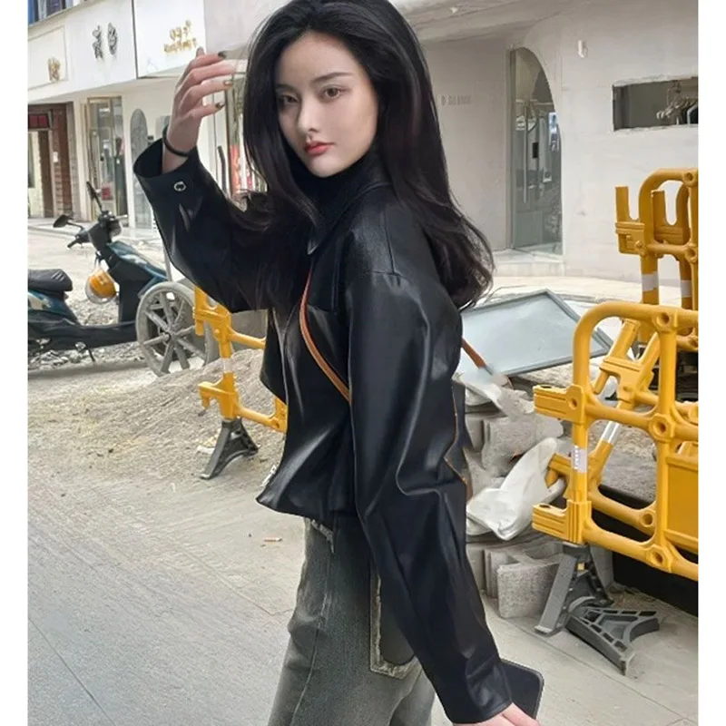 European Female Solid Color Leather Clothing Outwear Ladies Zipper PU Leather Coat Autumn Winter Women Short Faux Leather Jacket