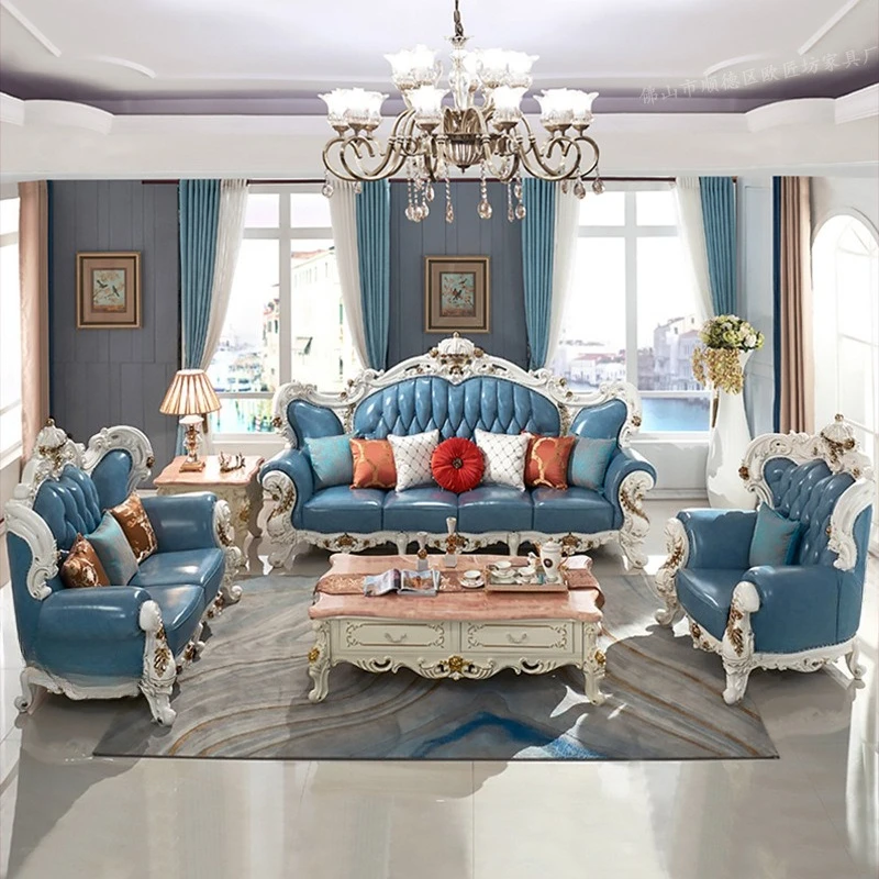 

European leather sofa combination, large villa living room first layer cowhide sofa, solid wood leather gold foil sofa