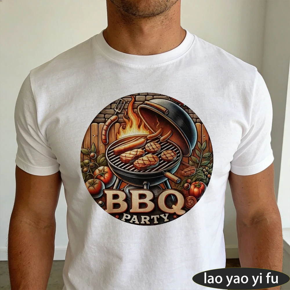 Vintage Circular BBQ Party Grill Sausage Steak Vegetable Graphic Men Summer T Shirt Outdoor Barbecue Gathering Short Sleeve
