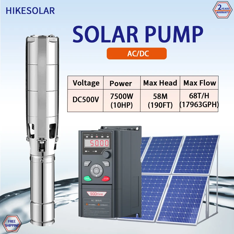 Hybrid AC/DC Solar Water Pump 10HP Energy System Submersible MPPT Controller Outlet 4