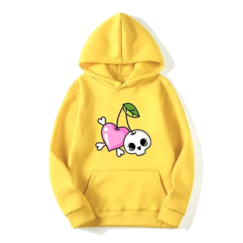 Felpe con cappuccio con stampa di teschio e cuore di ciliegia dolce Felpa allentata moda donna Top con cappuccio casual Hip Hop femminile streetwear