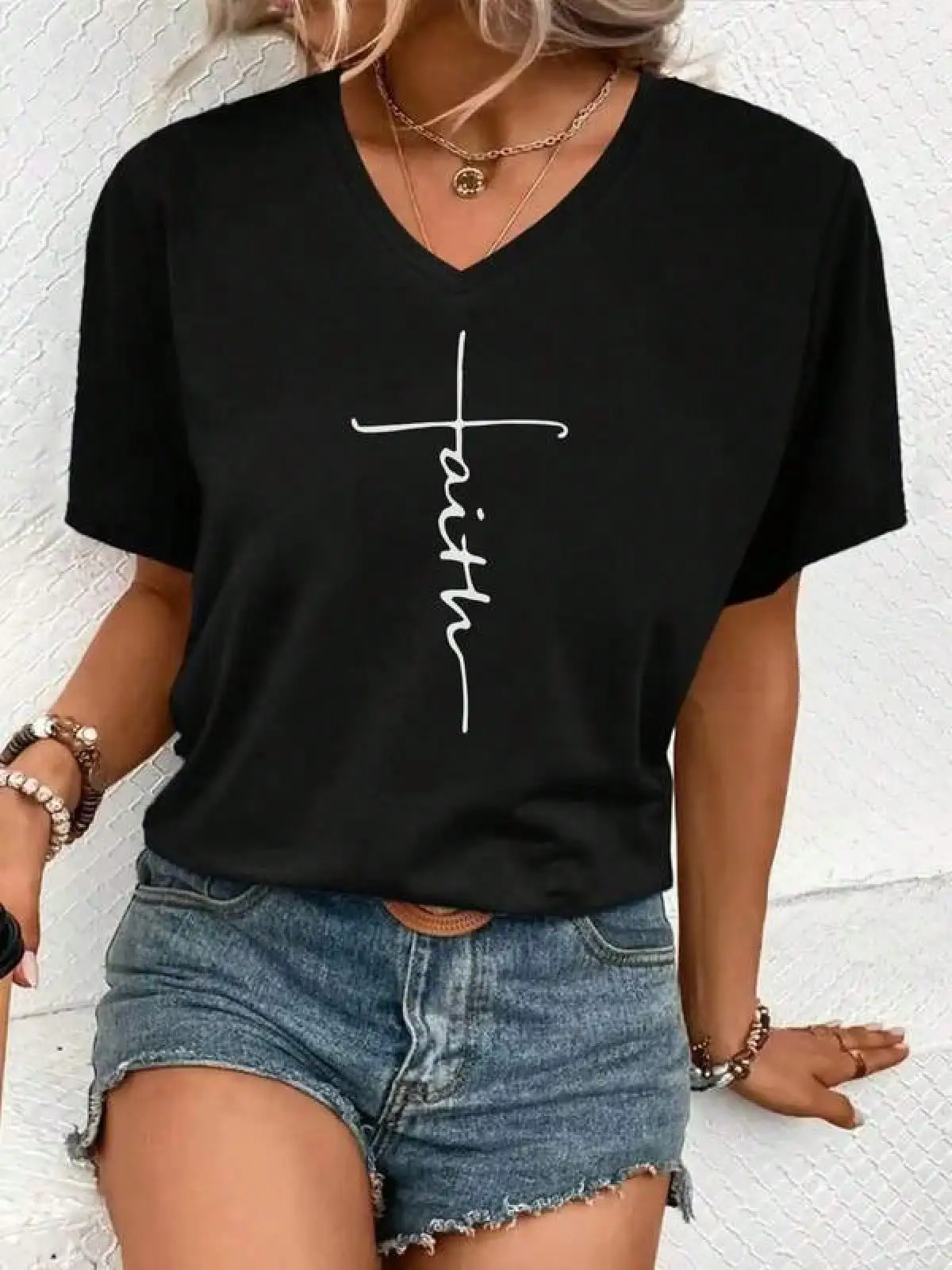 T Shirt Print ,Graphic-Cotton Tees Size Plus,Daily V-Neck T-Shirt With Standard Size Faith Print Suitable For Daily Life, Going Out, Leisure, And The Best Choice To Give To Friends And Family,With Shirt,Summer Tops,Shirt Suitable