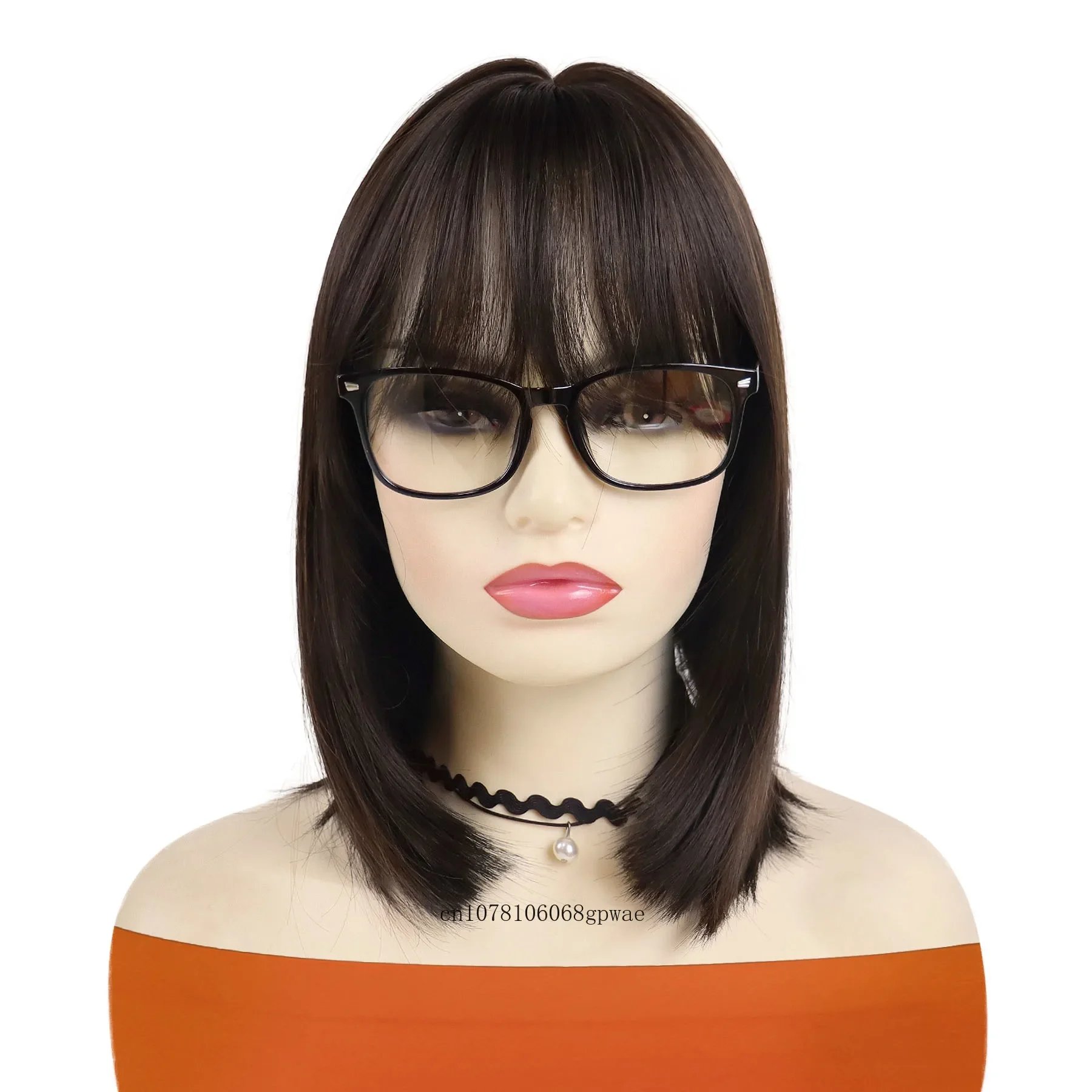 여성용 합성 짧은 갈색 가발 및 안경 앞머리가 있는 자연스러운 스트레이트 밥 가발 내열성 일상 코스프레 파티