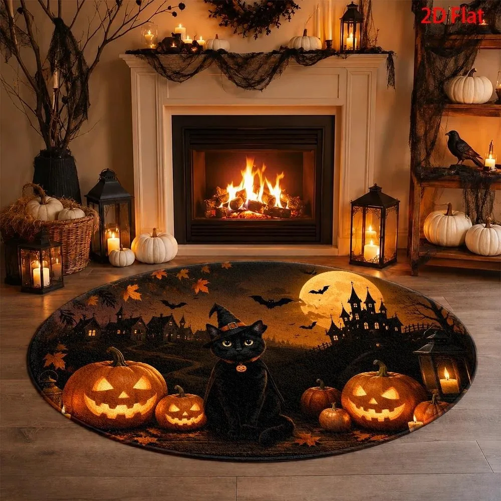 Spooky Vintage Halloween Round Rug,Witch Black Cat Jack‑o‑lantern Bat Dark Castle Scene Printed Circular Floor Mat,Living Room