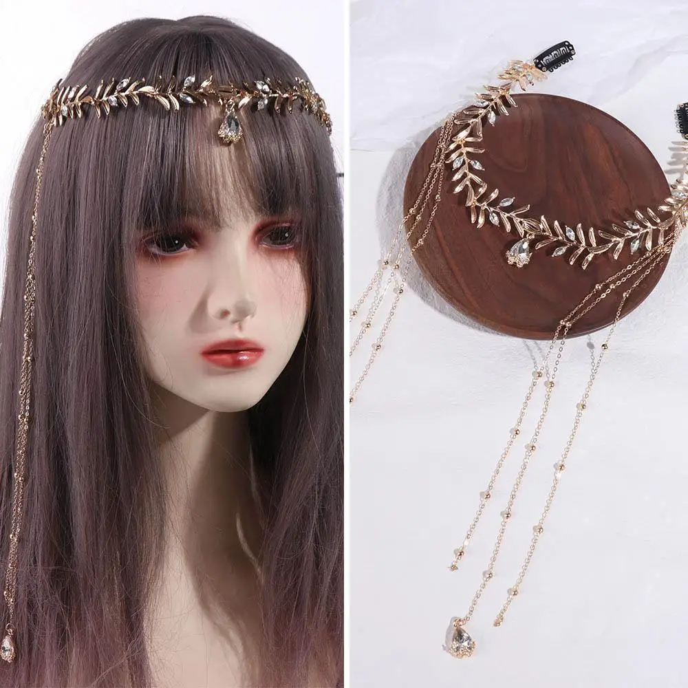 Vintage Olive Leaf Head Chain Face เครื่องประดับคริสตัลหน้าผากแถบคาดศีรษะพู่หวี Hellenism เครื่องประดับอุปกรณ์เสริมผม