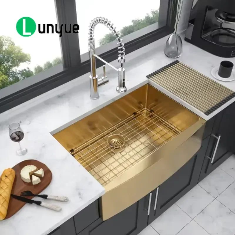 American Style 304 Stainless Steel Gold Apron Front Single Bowl Farmhouse Kitchen Sink Handmade With Accessories And Strainer