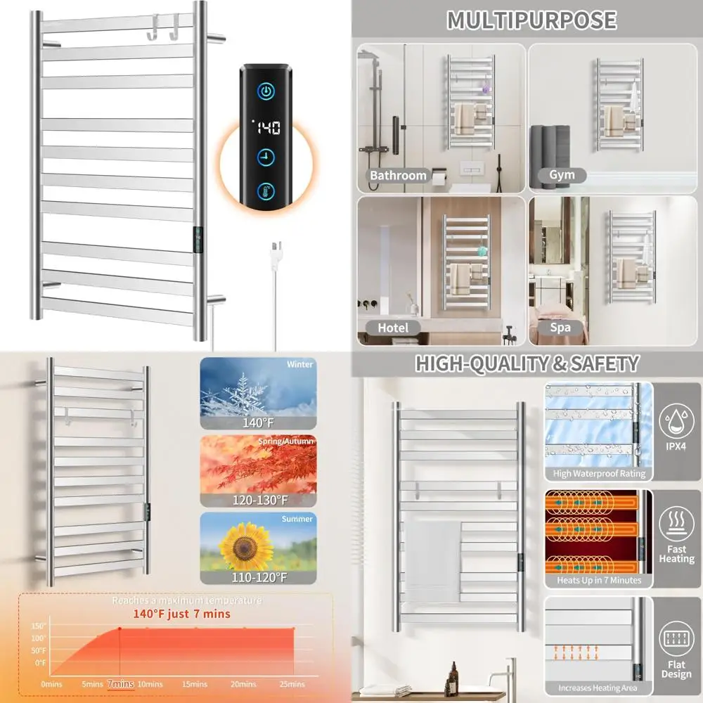 

«Электрическая настенная полотенцесушитель с 10-барной плоской стойкой и встроенным светодиодным таймером для больших ванных комнат»