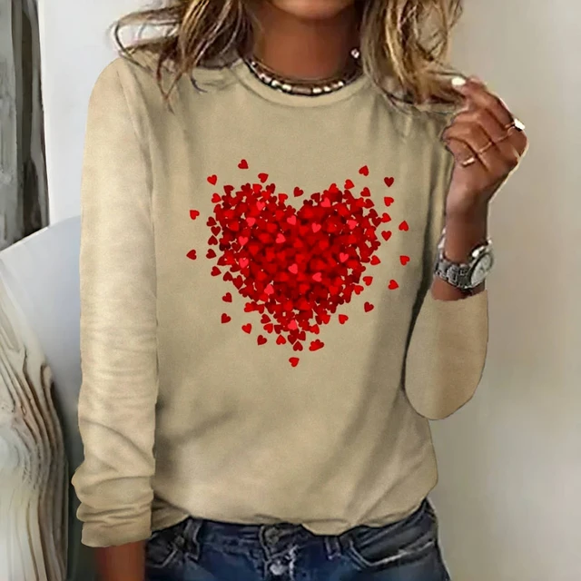 Damska koszulka z długim rękawem z nadrukiem Love Casual Daily Wear Fashion Loose Pullover Y2K Streetwear Prosta damska koszulka z okrągłym dekoltem