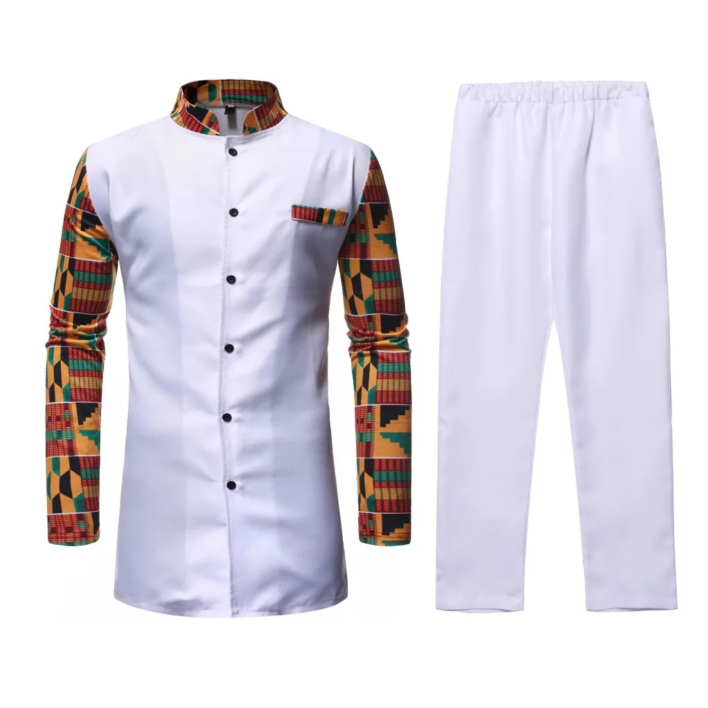 African style suit, stand-up collar color matching medium and long men's Turkish chief two-piece set
