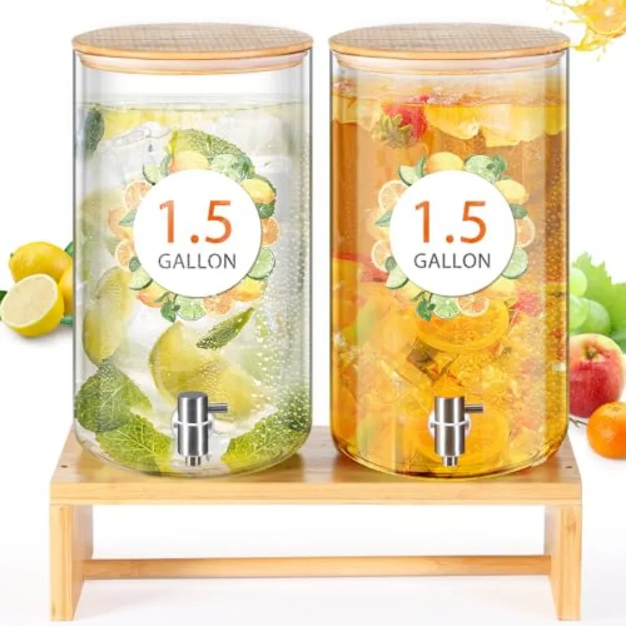 

2 Pack Glass Drink Dispenser with Stand Bamboo Lid Stainless Steel Spigot Leakproof Beverage Dispensers for Parties Lemonade Ic