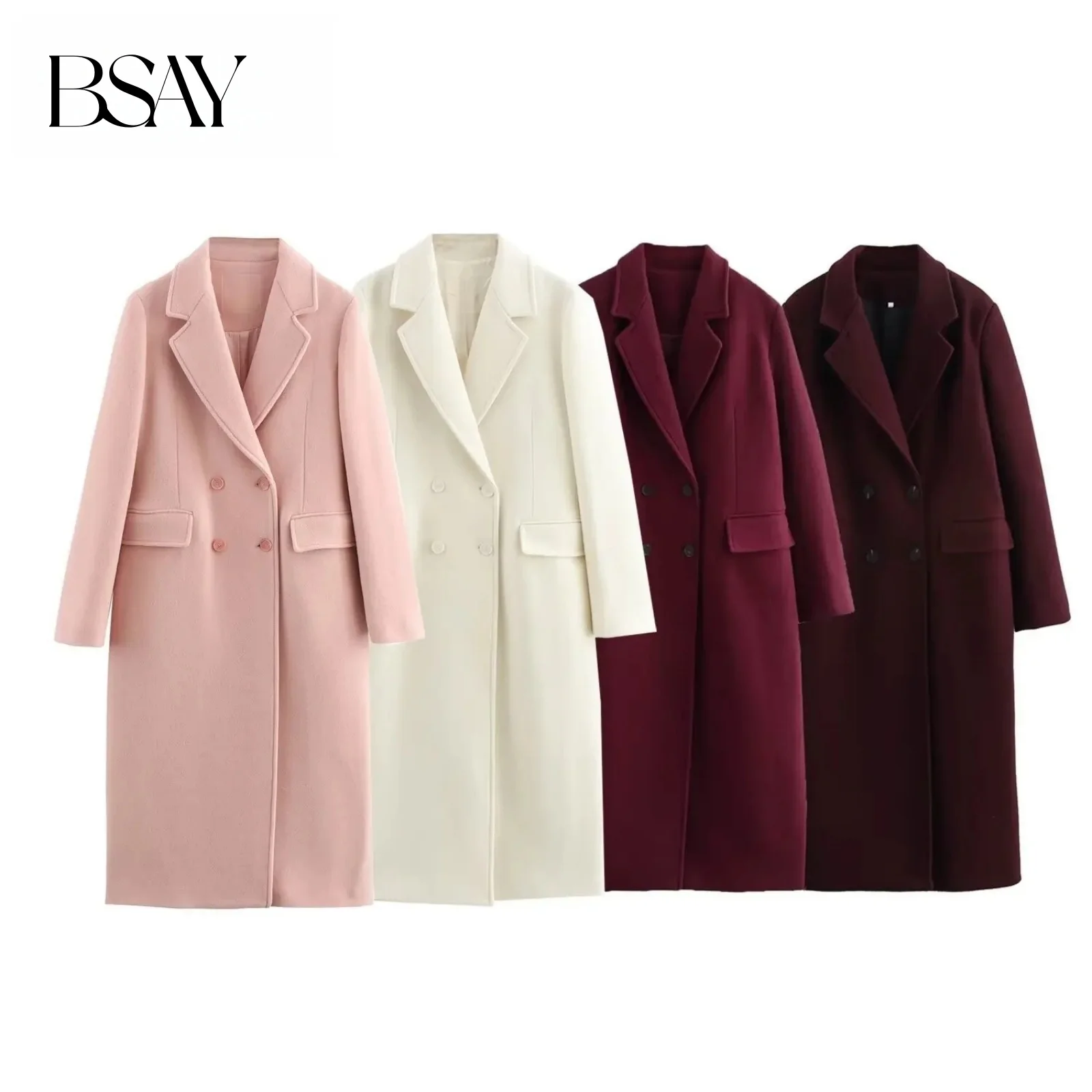 

BSAY Burgundy Wine Red Wool Blended Overcoat for Women Fashion 2024 Winter New Warm Double Breasted Lapel Long Coat Jacket