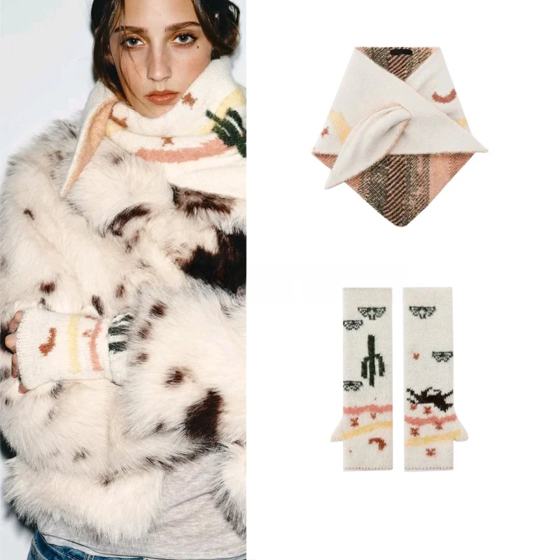 قفازات شتوية طويلة مطبوعة محبوكة مع أطراف للأصابع 3920834 وشاح رأس محبوك 3920835 طقم مكون من قطعتين أنيق للنساء #1