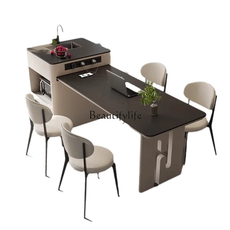 

Island high-end rock slab dining table integrated household telescopic open kitchen bar with sink suspension guide