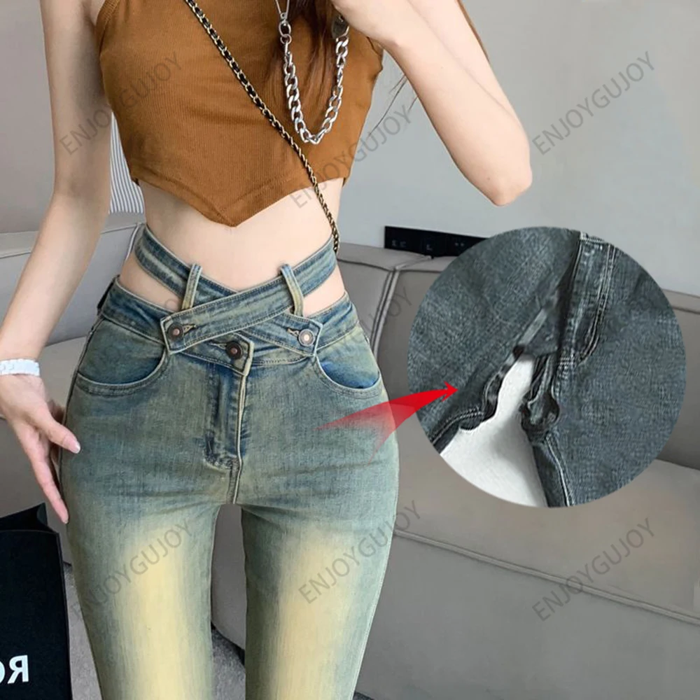 Elastic Retro Jeans with Bell Bottoms, Elastic Pants, Cross Hollowed Horseshoe Pants, Invisible Open Crotch, Outdoor Sex Gradien