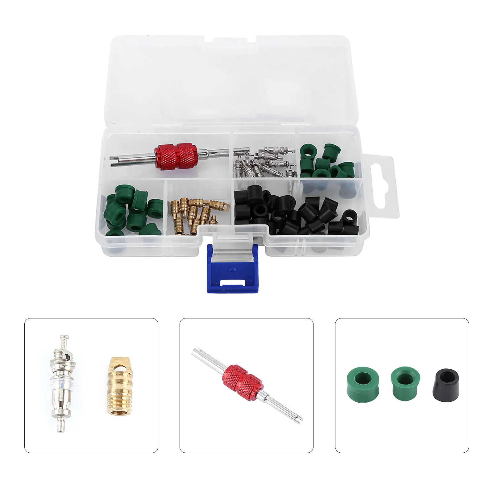 71pcs Air Condition Valve Core Repair Kit Repair Tool 10pcs Valve Cores 50pcs Hose Gaskets 10pc Valves