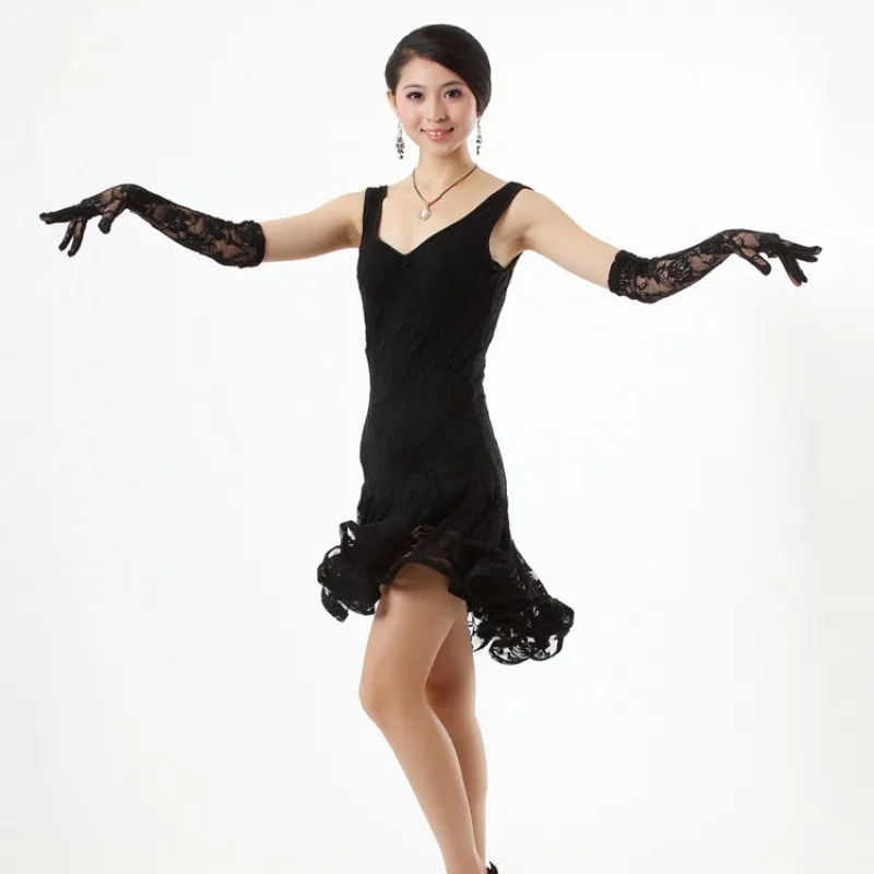 

Customized Latin Dance Dress Lace Professional Fishbone Curled Edge Latin Competition Performance Dress Comes with Gloves