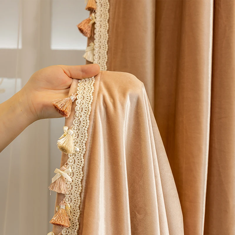 

American Pink luxury fringed curtains thick velvet girls' room cloth blackout curtain tulle valance drape C2201