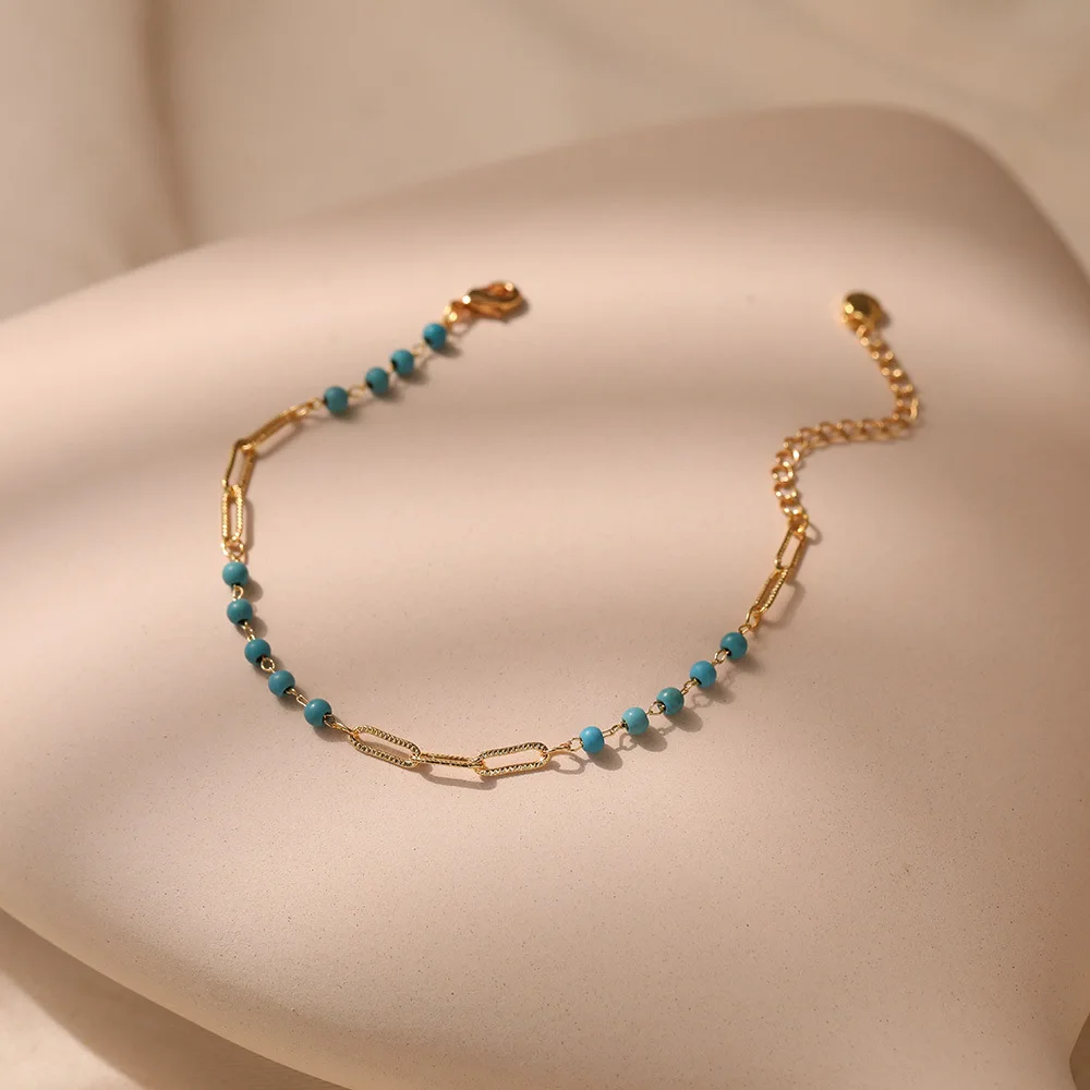 Copper Plated 18 Karat Gold Beach Resort Style Vintage Turquoise Accessories Premium Metal Texture Bracelet Women