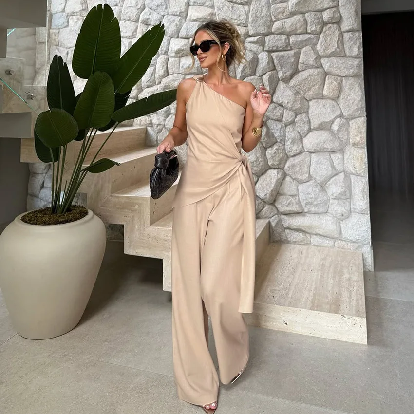 

2026 Summer Suit Women's Slash Shoulder Strap Sleeveless Vest Top High Waist Wide Leg Pants Two-piece Set