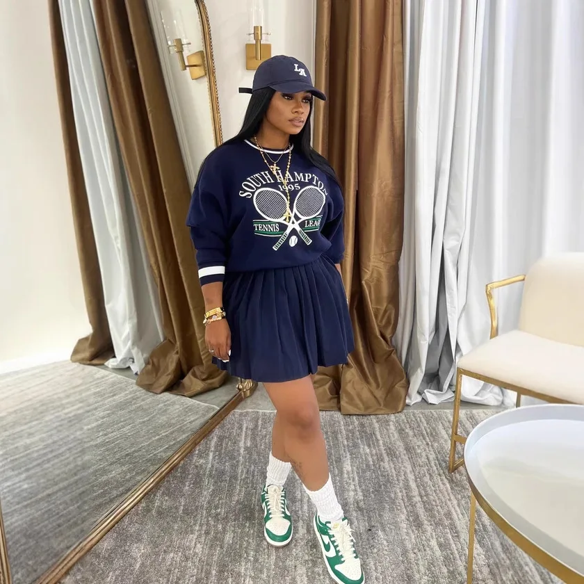 

OL6164 Dark Blue Fashion Pattern Printing Pleated Mini Skirts Two Piece Sets Women O Neck Long Sleeve Pullover And Skirt Outfi