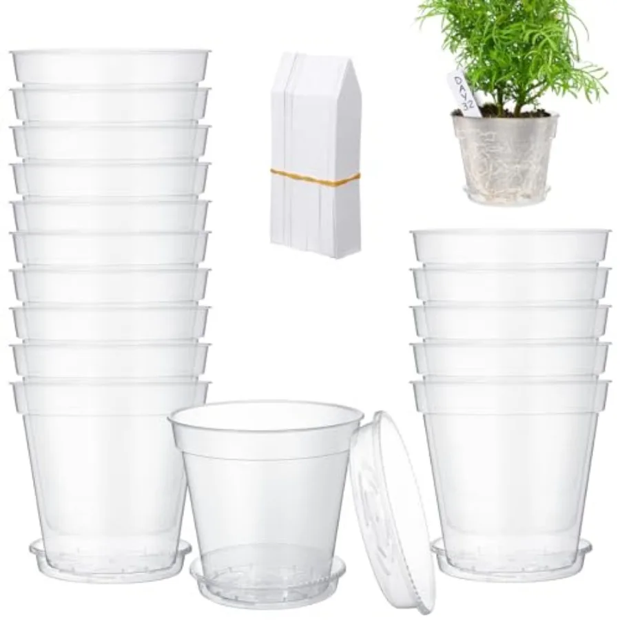 

10 Pcs Clear Nursery Pots Include 10 Saucer and 100 Plant Labels Set Transparent Plastic Plant Pot with Drainage Hole Clear Pla