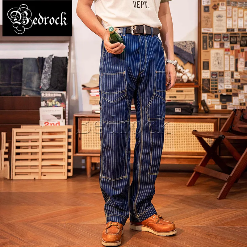 Underground Dyed Blue Striped Overalls Pure Cotton Slim Straight Trousers Wear-resistant Canvas Cargo Pants Vintage Buckle Back