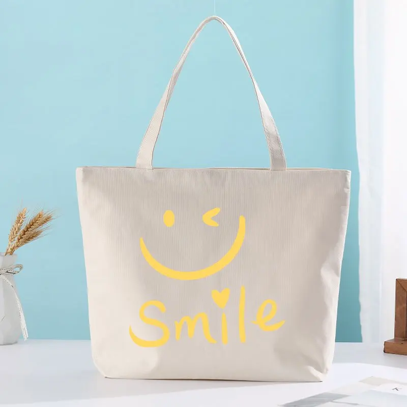 Fashion Oxford Cloth Tote Bag with Smile Print - Elegant Large Capacity Casual Zippered Handbag, Shoulder Bag for Shopping, Trav