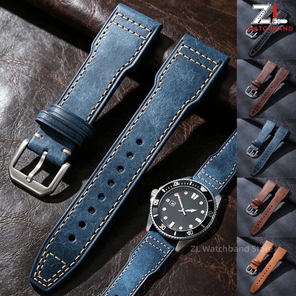Vintage Cowhide Watch Strap 20mm 21mm 22mm Genuine Leather Watch Band for IWC Pilot Replacement Bracelet Wristbelt for Men Women