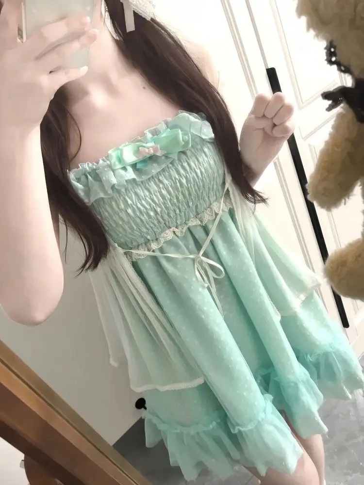 

Летние комплекты японских кавайных платьев из 2 предметов, кружевная блузка с короткими рукавами и милым бантом Y2k, винтажные костюмы в стиле Лолиты 2000-х годов