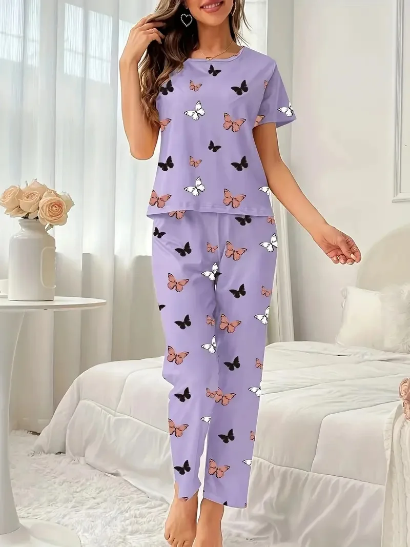 1 Set Butterfly Print Pajama Set, Short Sleeve Crew Neck Top & Elastic Waistband Pants, Women\'s Sleepwear & Loungewear